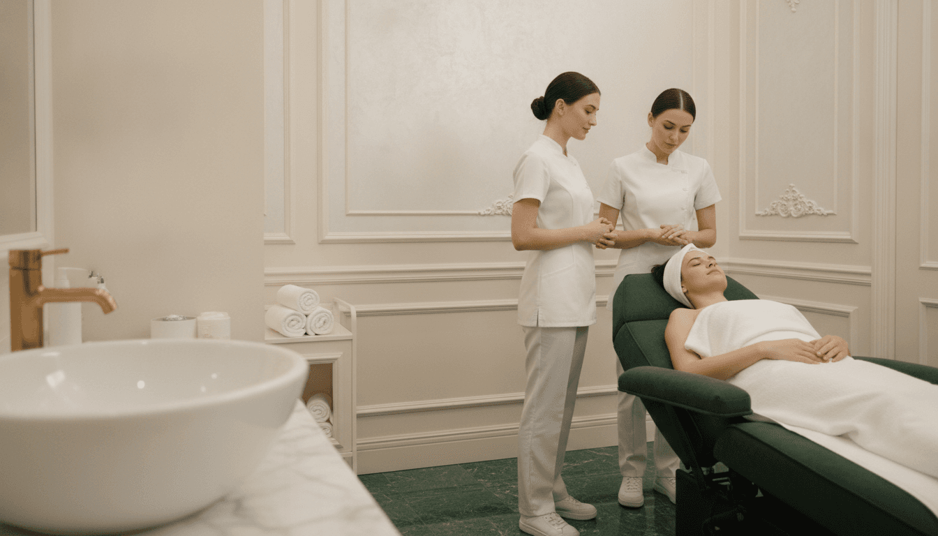 Two therapists in white tunics stand beside a client resting with her eyes closed on a green treatment chair.